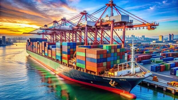 Container ship berthed at a port at sunset